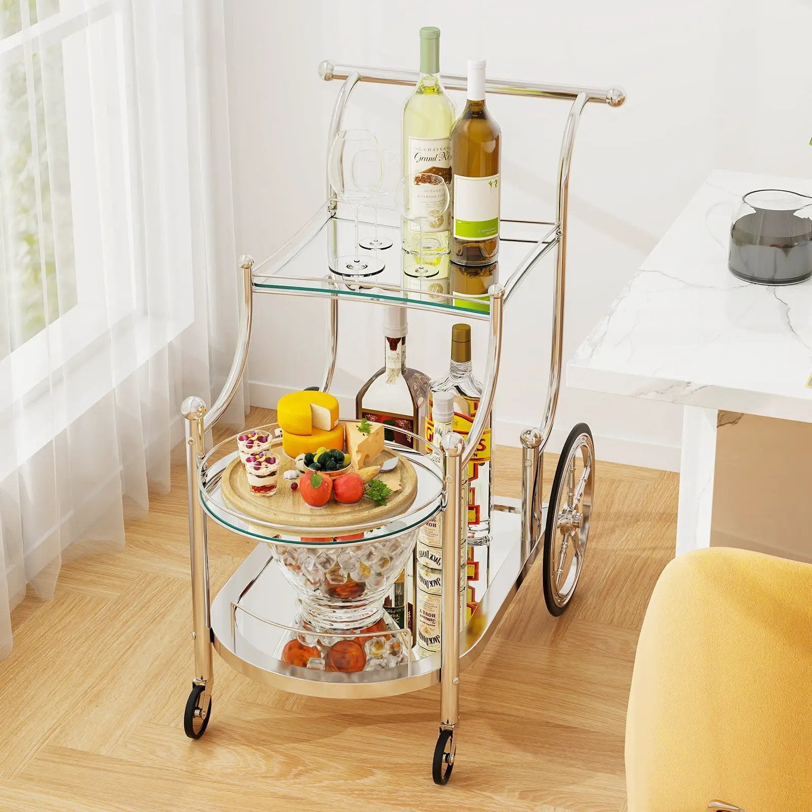 3-Tier Home Bar Serving Cart on Wheels with Mirrored Shelves by DirectDeals