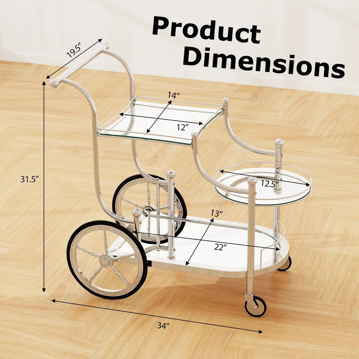 3-Tier Home Bar Serving Cart on Wheels with Mirrored Shelves by DirectDeals