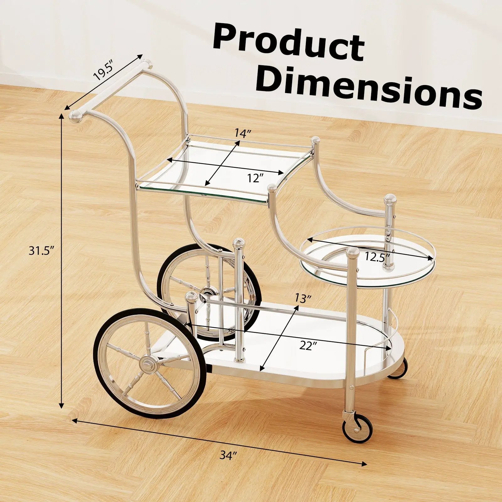 3-Tier Home Bar Serving Cart on Wheels with Mirrored Shelves by DirectDeals