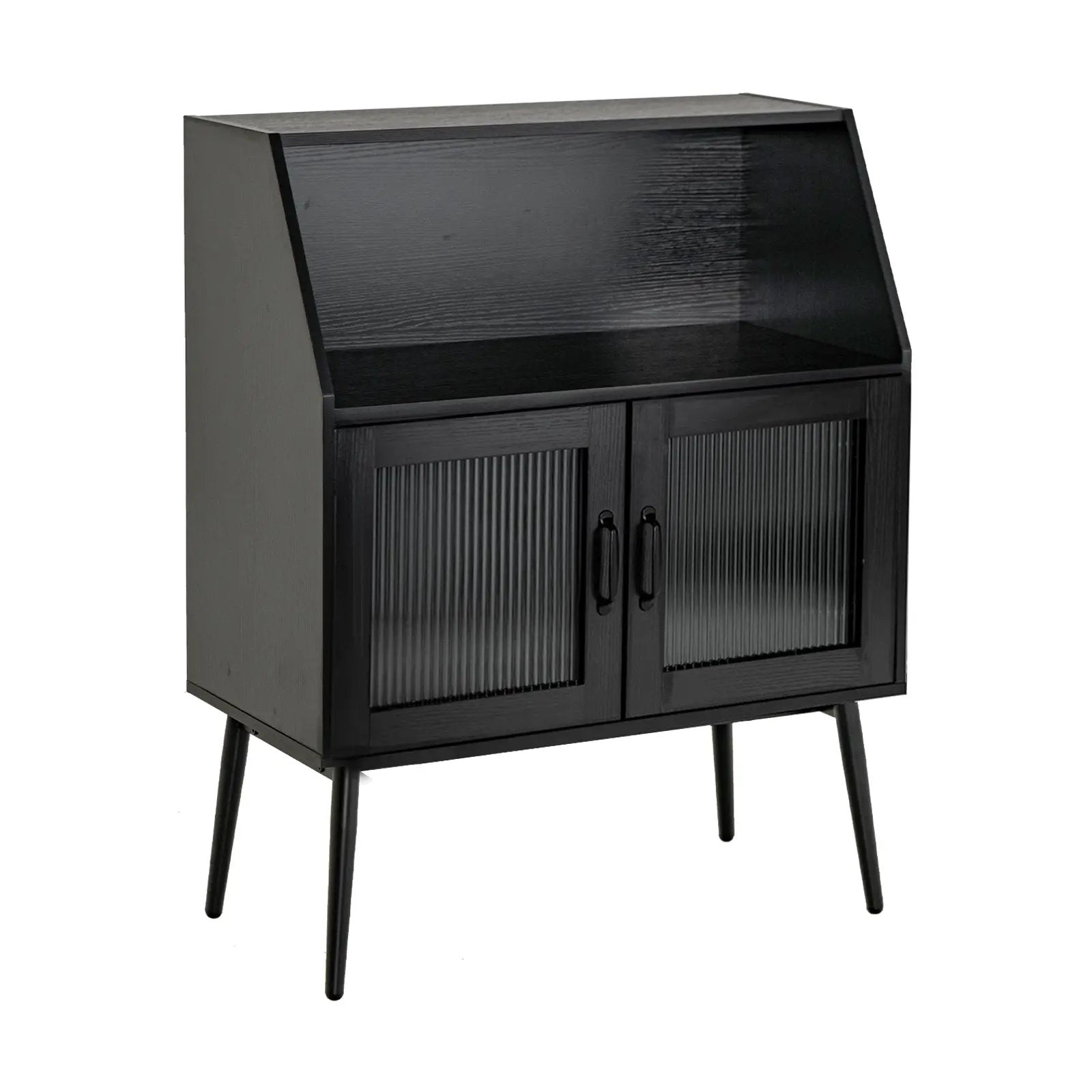 Kitchen Sideboard Buffet with Open Cubby and 2 Glass Doors-Black by DirectDeals