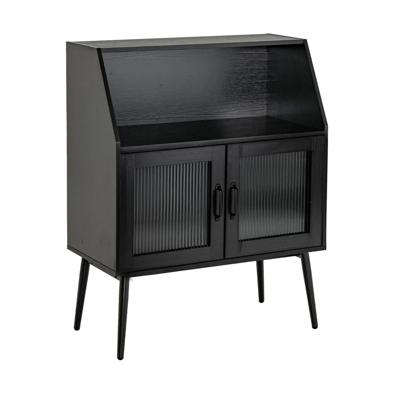 Kitchen Sideboard Buffet with Open Cubby and 2 Glass Doors-Black by DirectDeals