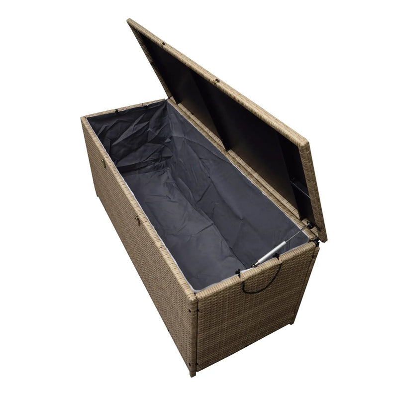 Tan Wicker Patio Deck Box with 113 Gallon Storage and Metal Frame by Sharicks