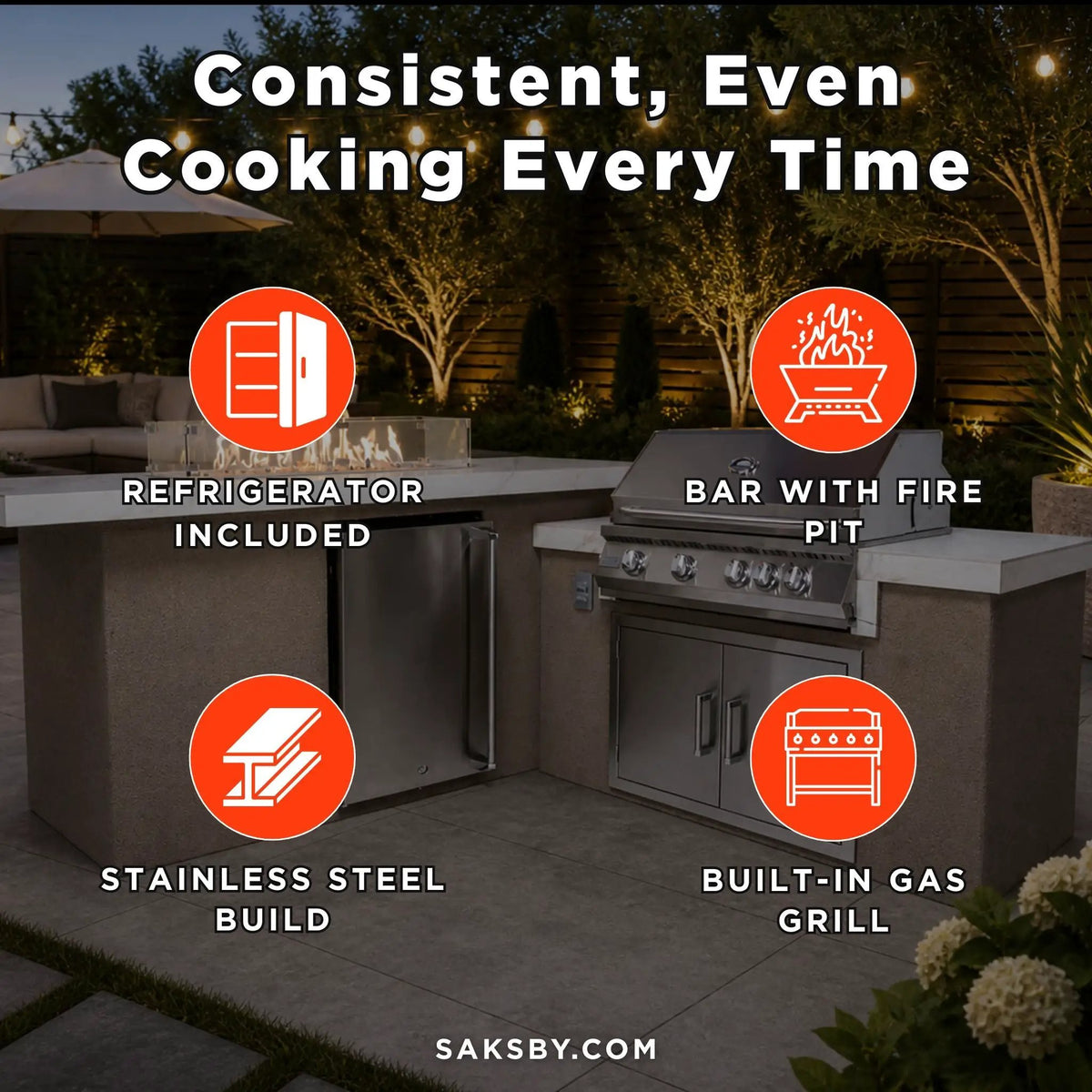 KoKoMo Grills Baja 9FT BBQ Island With LEDs, Built-In BBQ And Refrigerator [Made-To-Order] (SAK85739) by SAKSBY WHOLESALE