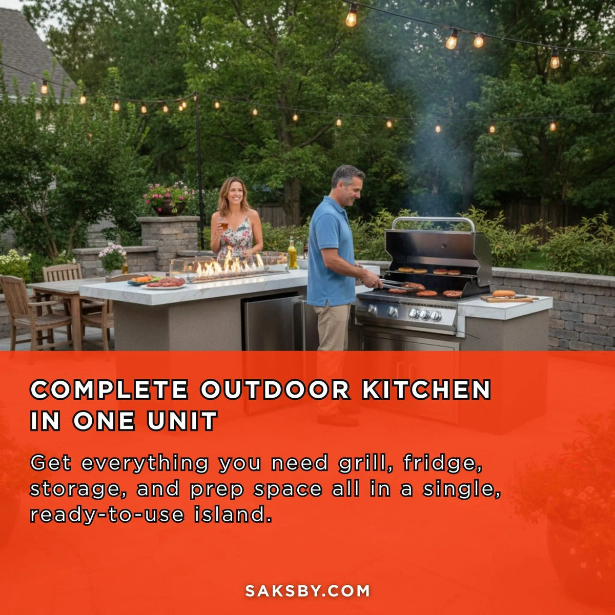 KoKoMo Grills Baja 9FT BBQ Island With LEDs, Built-In BBQ And Refrigerator [Made-To-Order] (SAK85739) by SAKSBY WHOLESALE