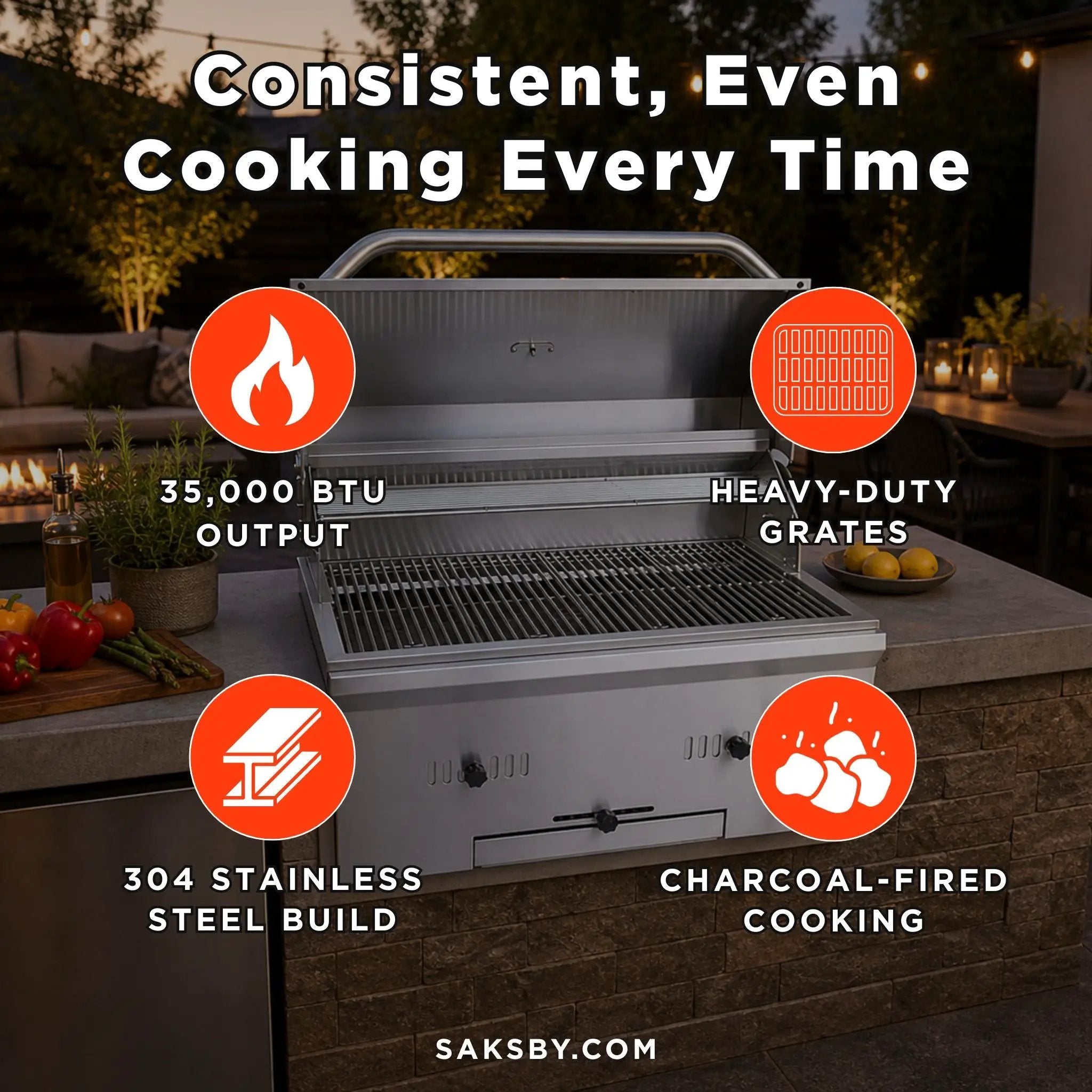 KoKoMo Grills Premium Built-In Charcoal Grill With 304 Stainless Steel And Adjustable Heat Tray, 32" (SAK32504) by SAKSBY WHOLESALE