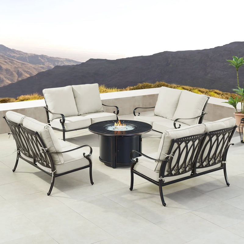 Black Aluminum Fire Table Set with Four Deep Seating Loveseats by Sharicks