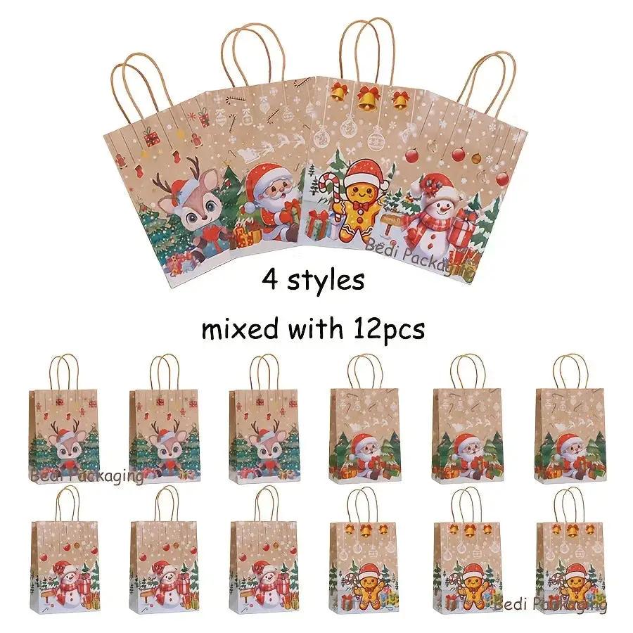 Kraft Paper Christmas Gift Bags Set with Santa Claus, Snowman & Reindeer Designs by House Of Avana