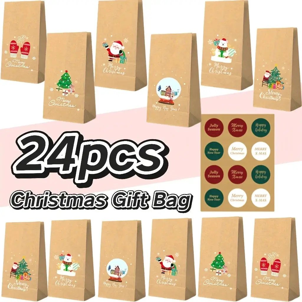 Kraft Paper Gift Bag Set, Durable with 12 Bags & Stickers, Holiday Design by House Of Avana
