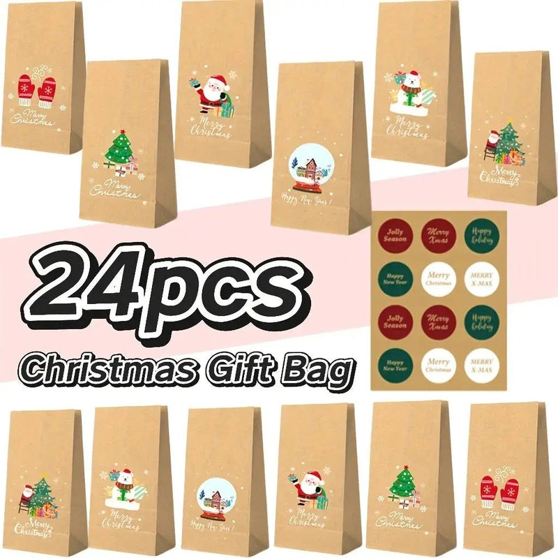 Kraft Paper Gift Bag Set, Durable with 12 Bags & Stickers, Holiday Design by House Of Avana