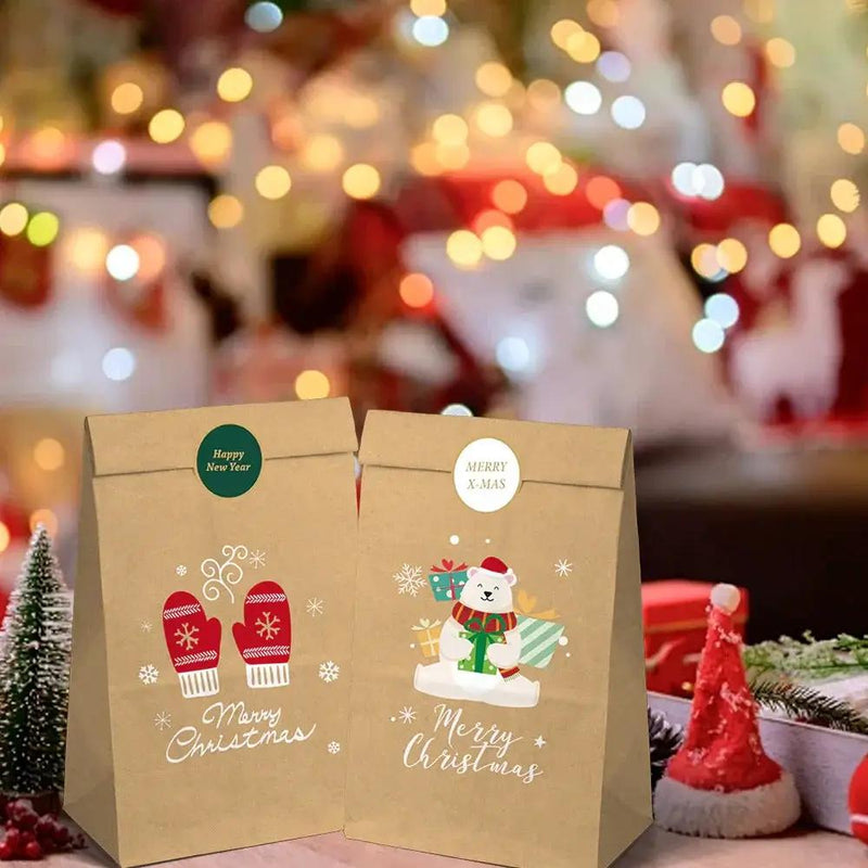 Kraft Paper Gift Bag Set, Durable with 12 Bags & Stickers, Holiday Design by House Of Avana