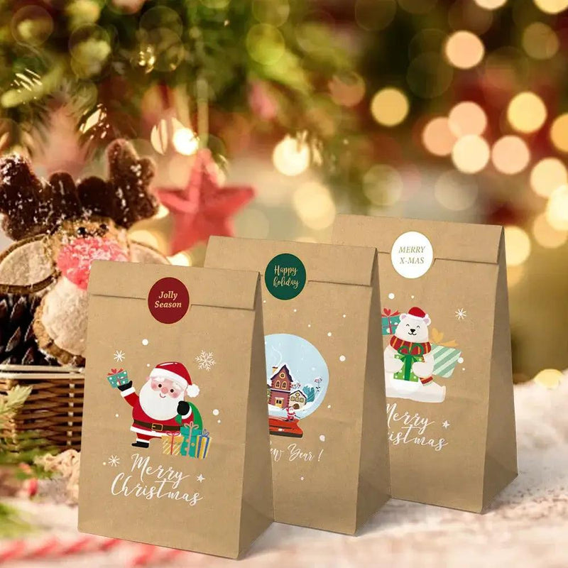 Kraft Paper Gift Bag Set, Durable with 12 Bags & Stickers, Holiday Design by House Of Avana