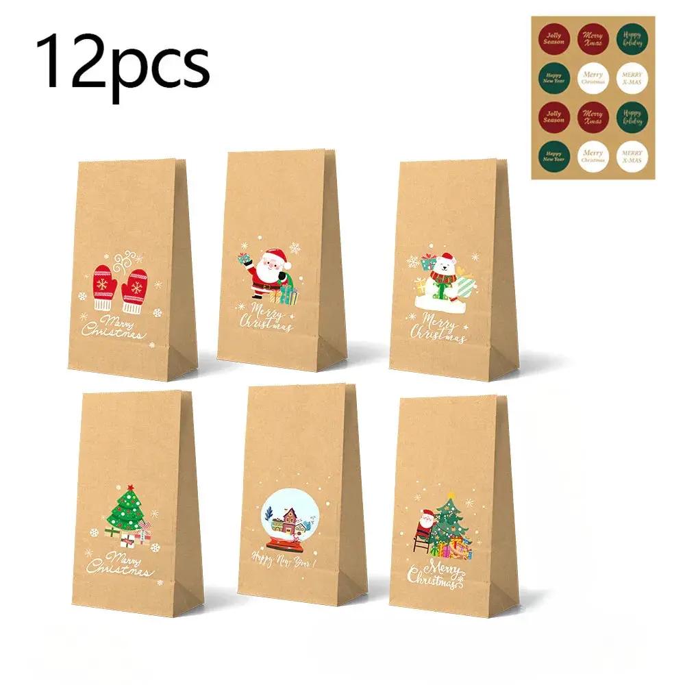 Kraft Paper Gift Bag Set, Durable with 12 Bags & Stickers, Holiday Design by House Of Avana