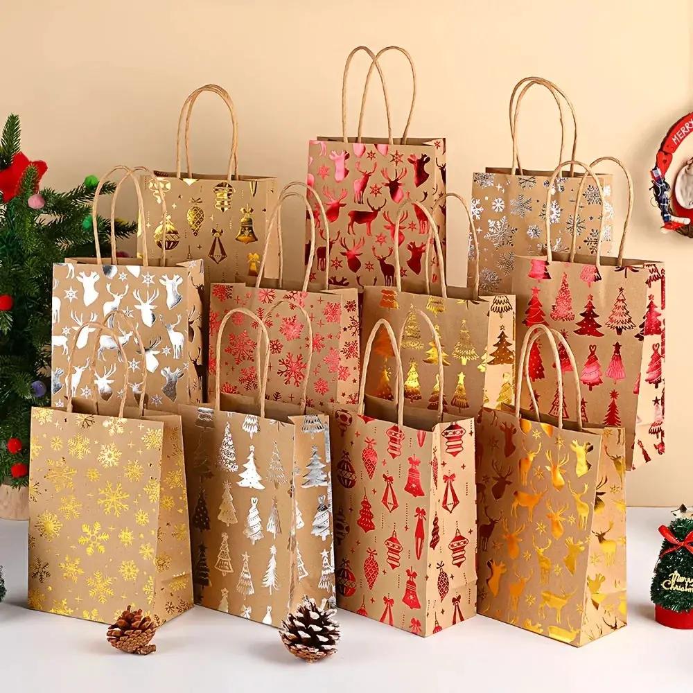 Kraft Paper Gift Bags with Cartoon Christmas Tree Reindeer Snowflake Pattern by House Of Avana