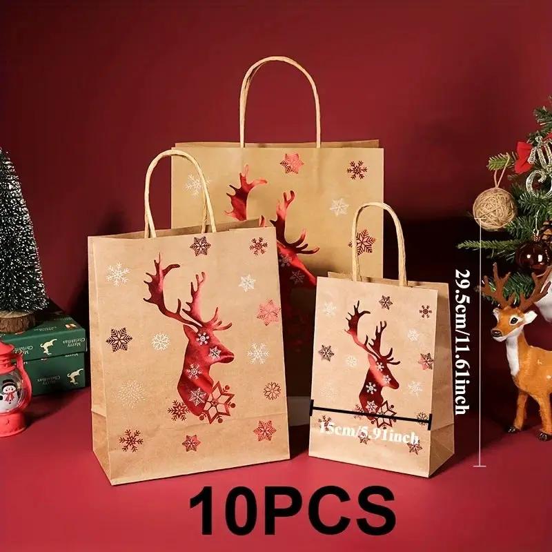 Kraft Paper Gift Bags with Cartoon Christmas Tree Reindeer Snowflake Pattern by House Of Avana