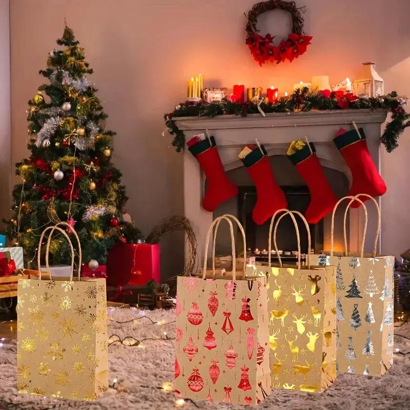 Kraft Paper Gift Bags with Cartoon Christmas Tree Reindeer Snowflake Pattern by House Of Avana
