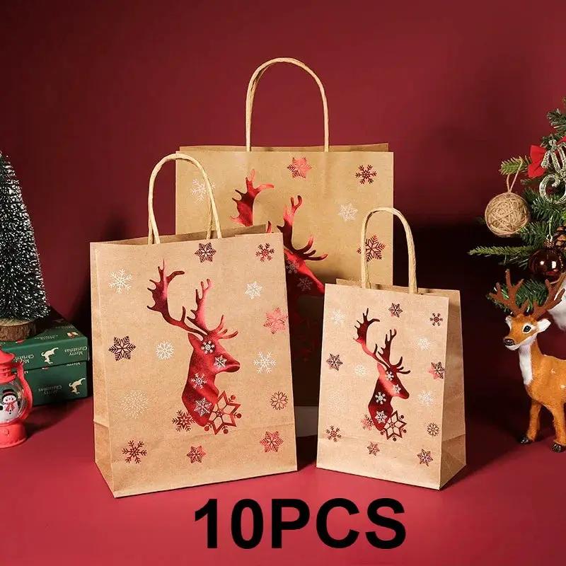 Kraft Paper Gift Bags with Cartoon Christmas Tree Reindeer Snowflake Pattern by House Of Avana