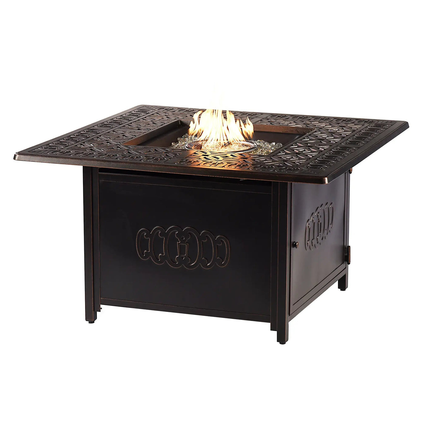 Black Aluminum Fire Table Set with Four Deep Seating Loveseats by Sharicks