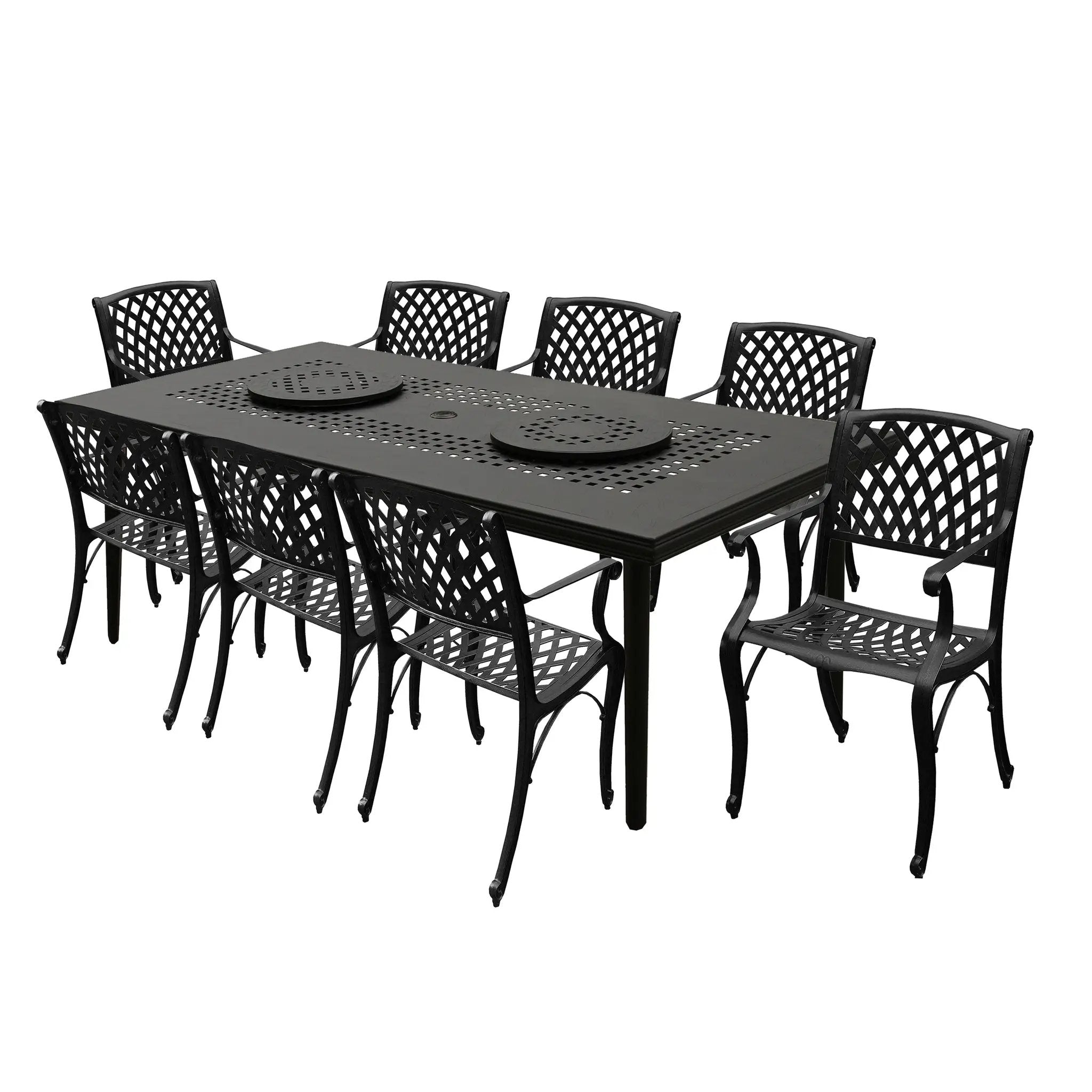 Aluminum 9pc Rectangular Patio Dining Set, Lazy Susans, Eight Chairs by Sharicks