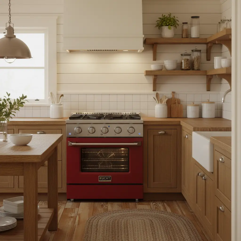 Kucht 30" Gas Range in Stainless Steel with Red Oven Door, KNG301-R by Farmhouse Kitchen and Bath