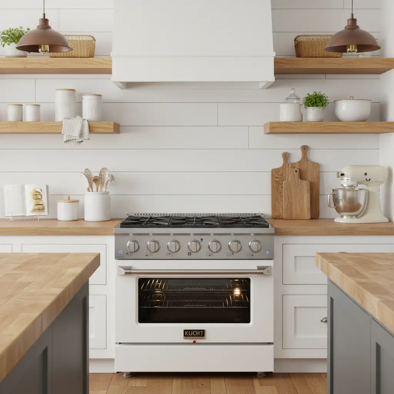 Kucht 36" Gas Range, Stainless Steel with White Oven Door, KNG361-W by Farmhouse Kitchen and Bath