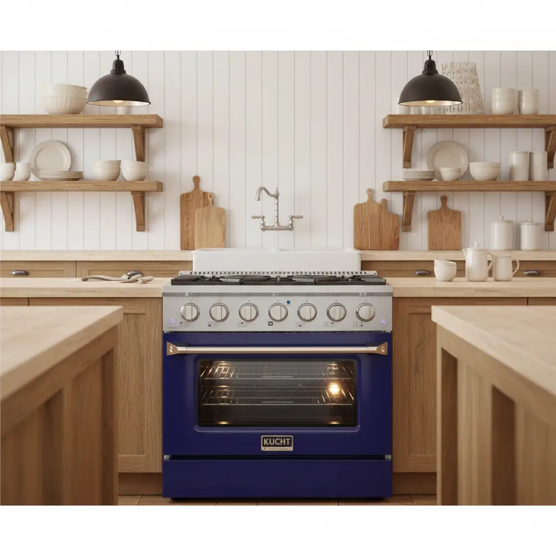 Kucht 36" Propane Range in Stainless Steel, Blue Door, KNG361/LP-B by Farmhouse Kitchen and Bath