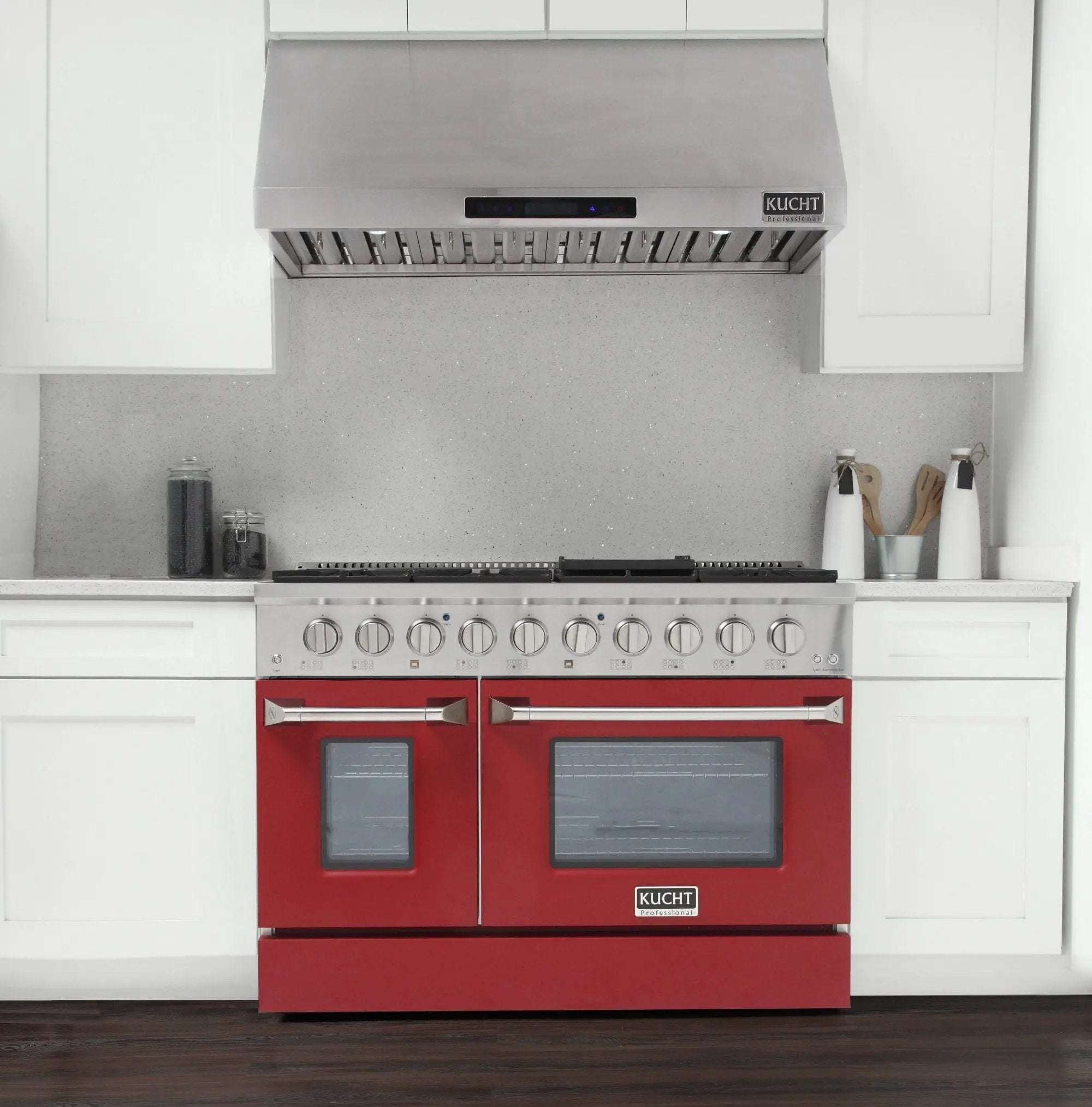 Kucht 48" Gas Range in Stainless Steel, Red Oven Doors, KNG481-R by Farmhouse Kitchen and Bath