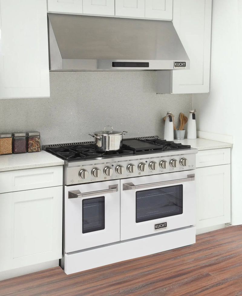 Kucht 48" Gas Range in Stainless Steel, White Oven Doors, KNG481-W by Farmhouse Kitchen and Bath
