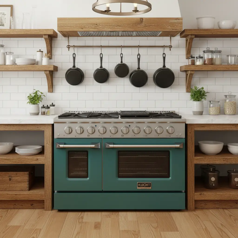 Kucht 48" Gas Range in Stainless Steel with Green Oven Doors, KNG481-G by Farmhouse Kitchen and Bath