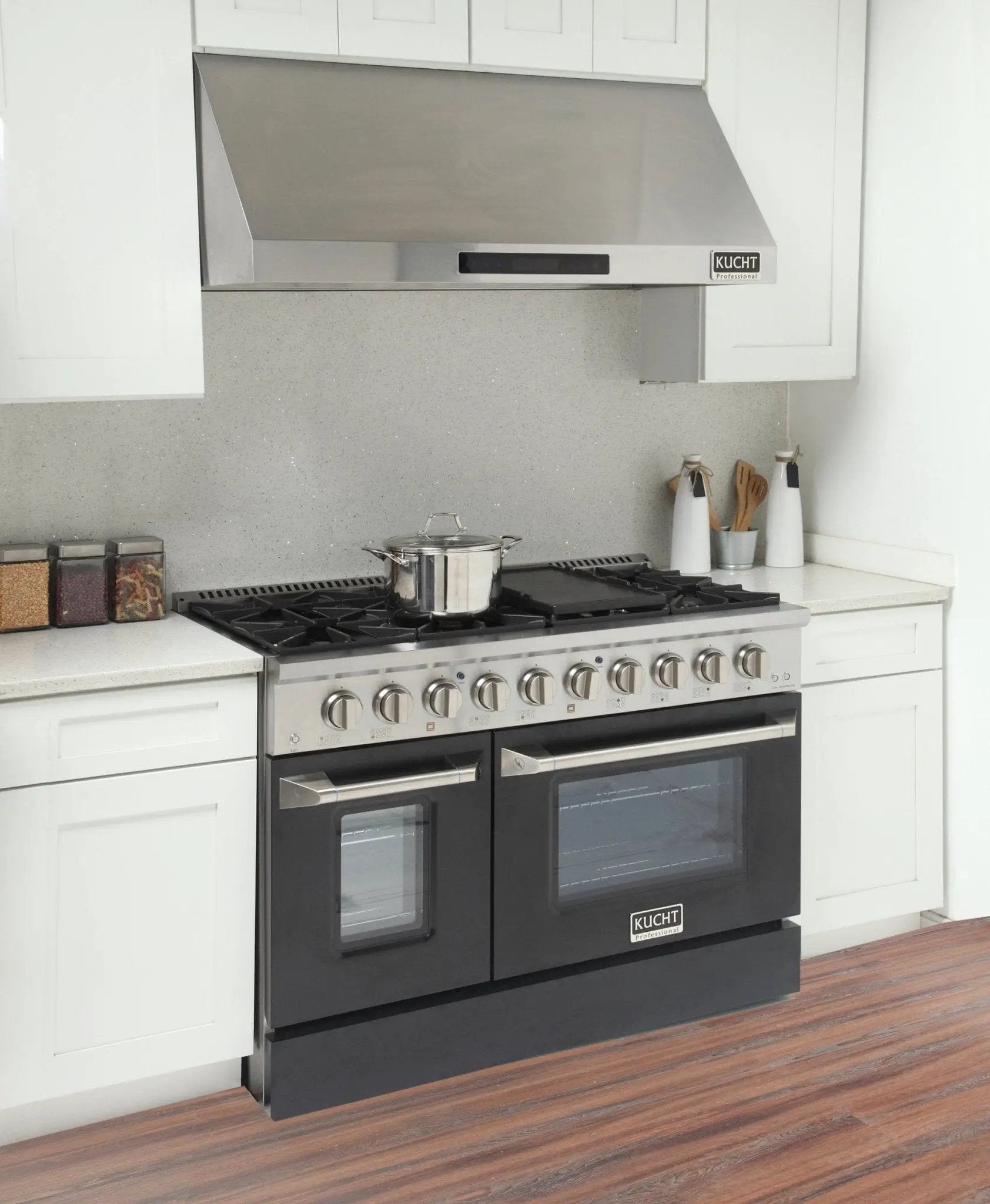 Kucht 48" Gas Range, Stainless Steel, Black Oven Doors, KNG481-K by Farmhouse Kitchen and Bath