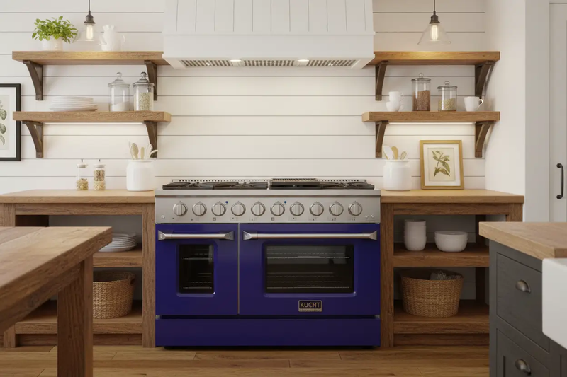 Kucht 48" Gas Range, Stainless Steel with Blue Oven Doors, KNG481-B by Farmhouse Kitchen and Bath