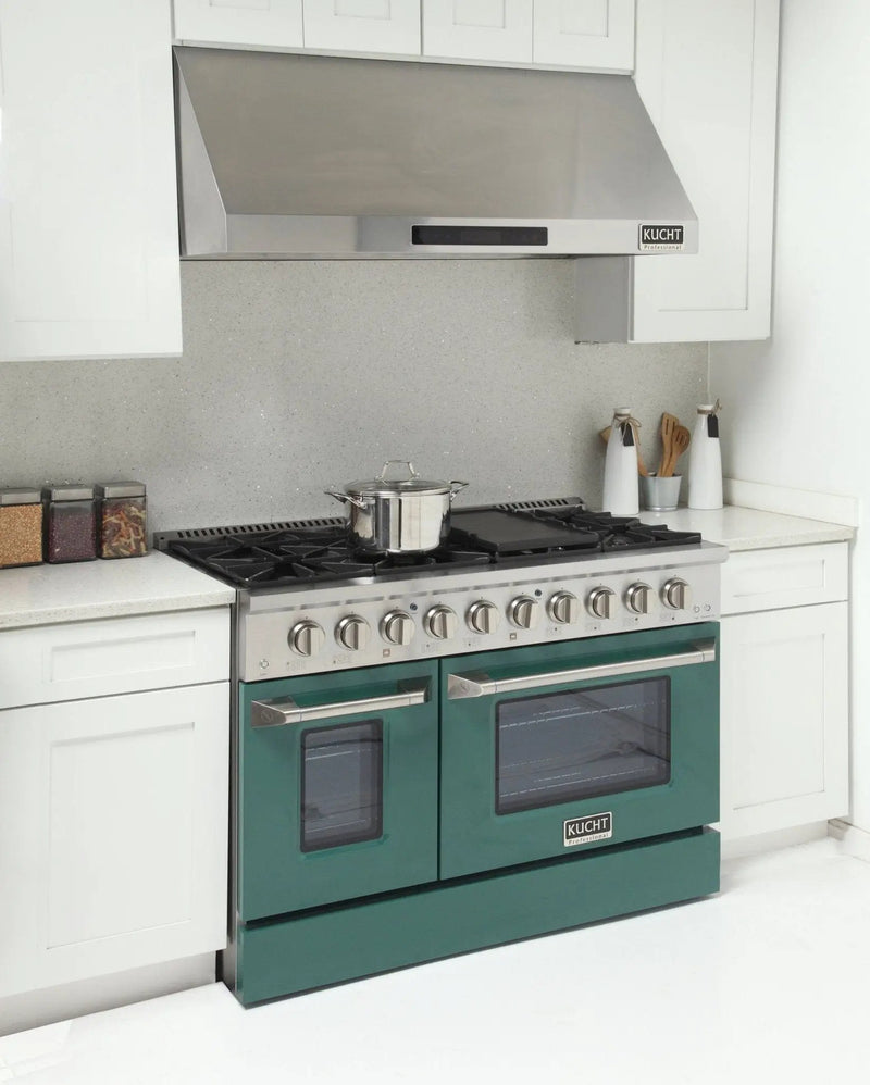 Kucht 48" Propane Range in Stainless Steel, Green Doors, KNG481/LP-G by Farmhouse Kitchen and Bath