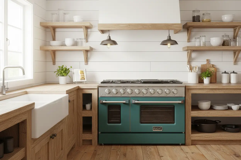 Kucht 48" Propane Range in Stainless Steel, Green Doors, KNG481/LP-G by Farmhouse Kitchen and Bath