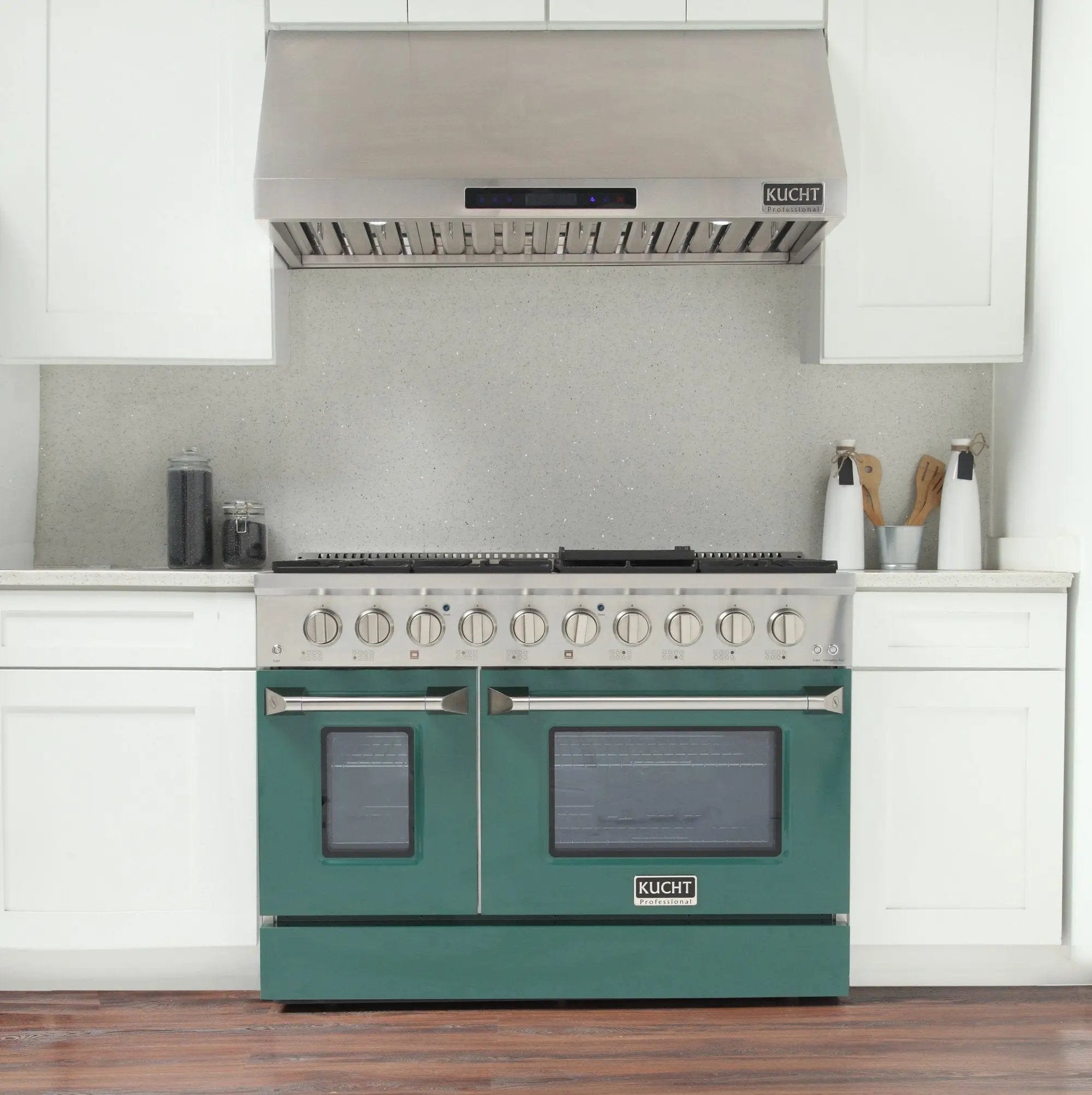Kucht 48" Propane Range in Stainless Steel, Green Doors, KNG481/LP-G by Farmhouse Kitchen and Bath