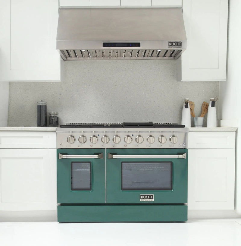Kucht 48" Propane Range in Stainless Steel, Green Doors, KNG481/LP-G by Farmhouse Kitchen and Bath