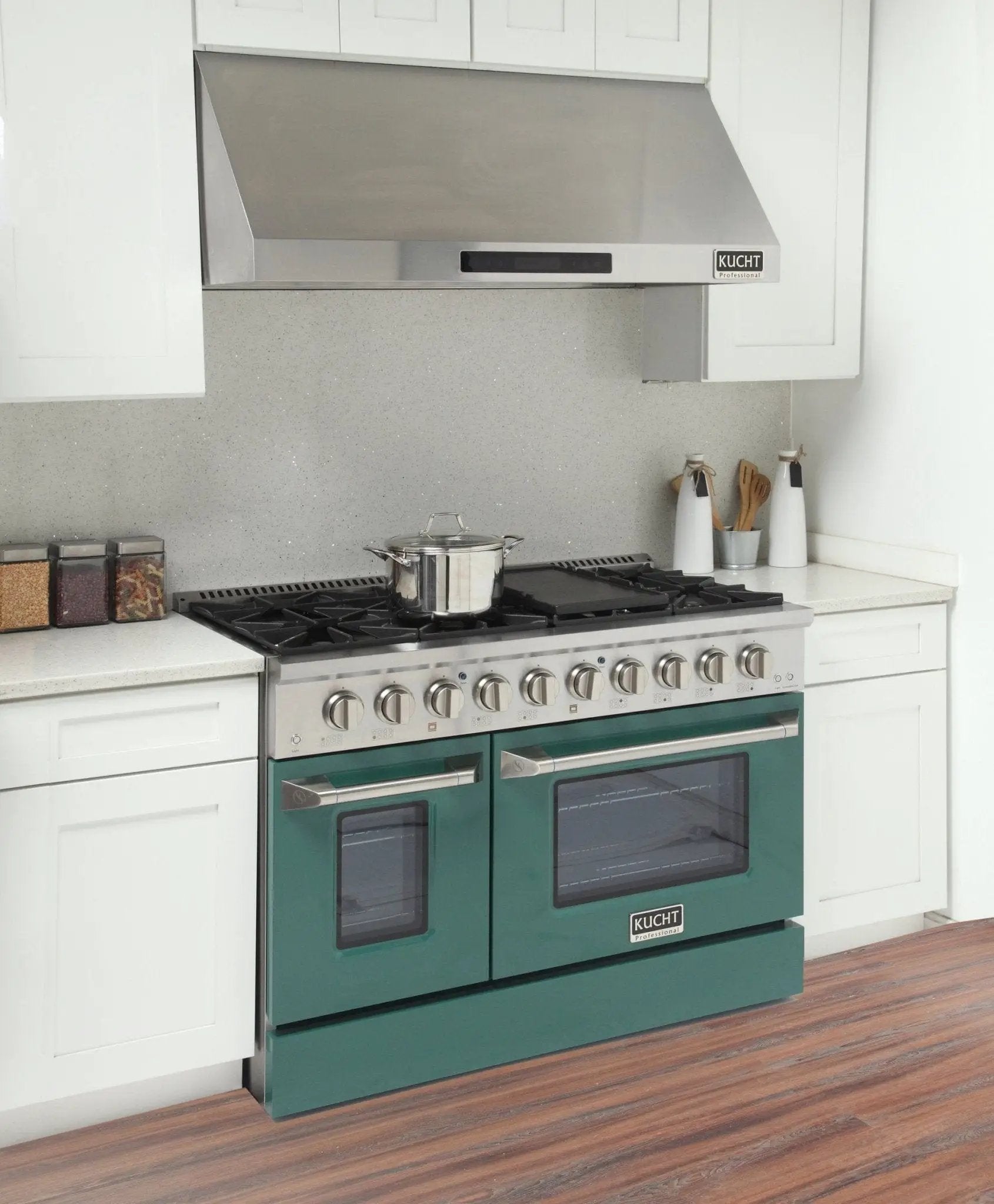 Kucht 48" Propane Range in Stainless Steel, Green Doors, KNG481/LP-G by Farmhouse Kitchen and Bath