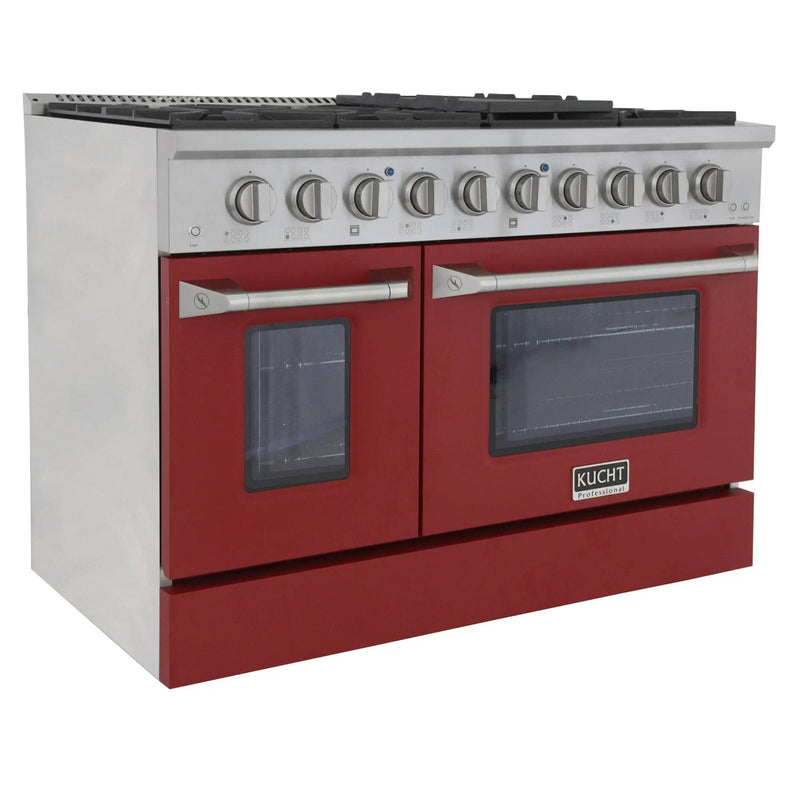Kucht 48" Propane Range in Stainless Steel, Red Doors, KNG481/LP-R by Farmhouse Kitchen and Bath