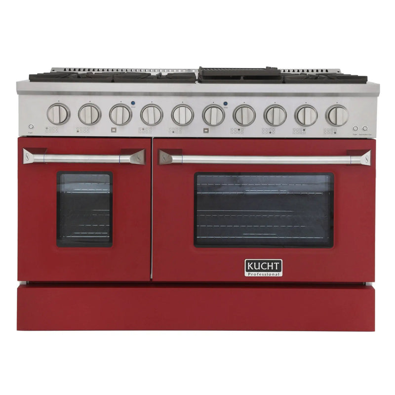 Kucht 48" Propane Range in Stainless Steel, Red Doors, KNG481/LP-R by Farmhouse Kitchen and Bath