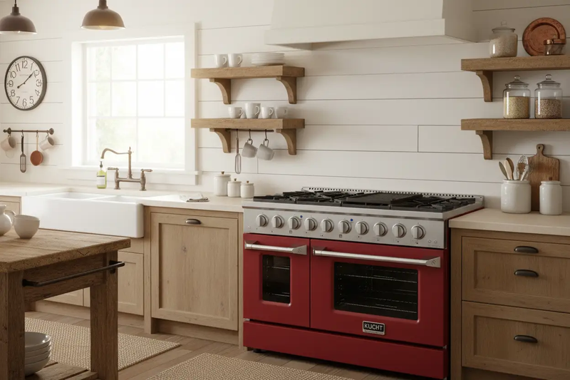 Kucht 48" Propane Range in Stainless Steel, Red Doors, KNG481/LP-R by Farmhouse Kitchen and Bath
