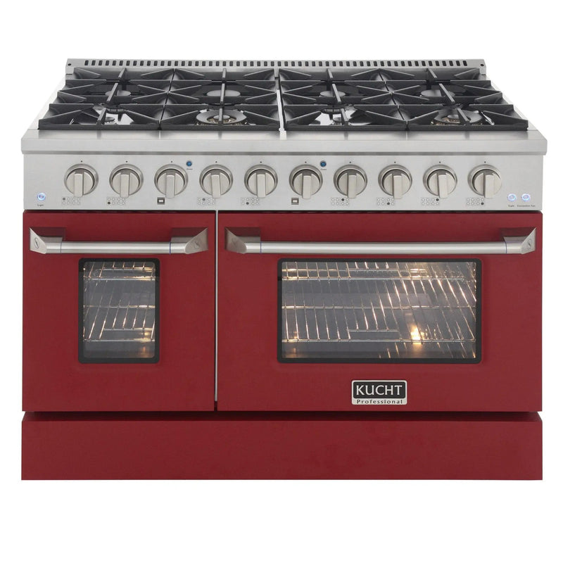Kucht 48" Propane Range in Stainless Steel, Red Doors, KNG481/LP-R by Farmhouse Kitchen and Bath