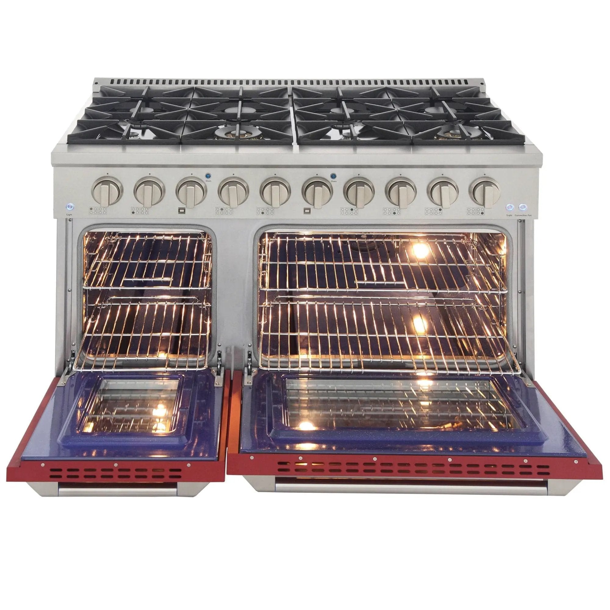 Kucht 48" Propane Range in Stainless Steel, Red Doors, KNG481/LP-R by Farmhouse Kitchen and Bath