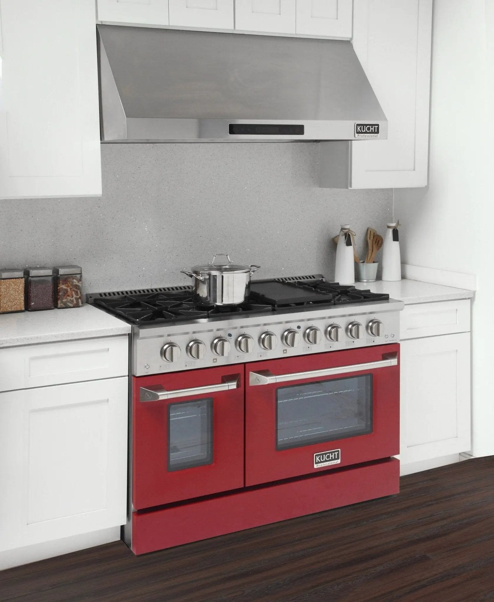 Kucht 48" Propane Range in Stainless Steel, Red Doors, KNG481/LP-R by Farmhouse Kitchen and Bath