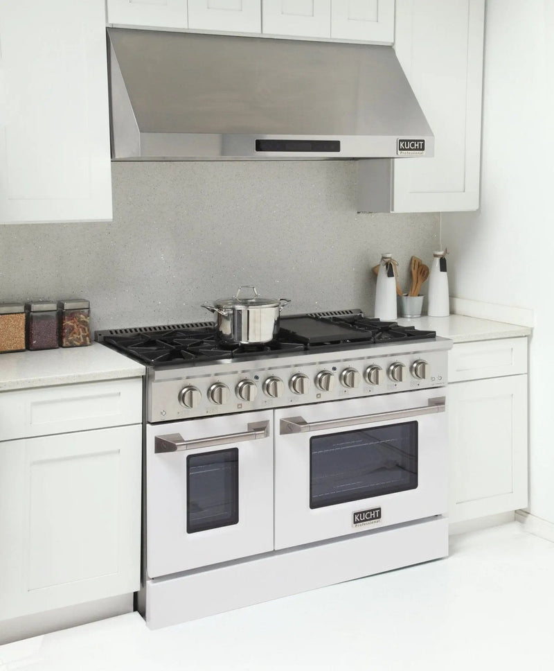 Kucht 48" Propane Range in Stainless Steel, White Doors, KNG481/LP-W by Farmhouse Kitchen and Bath