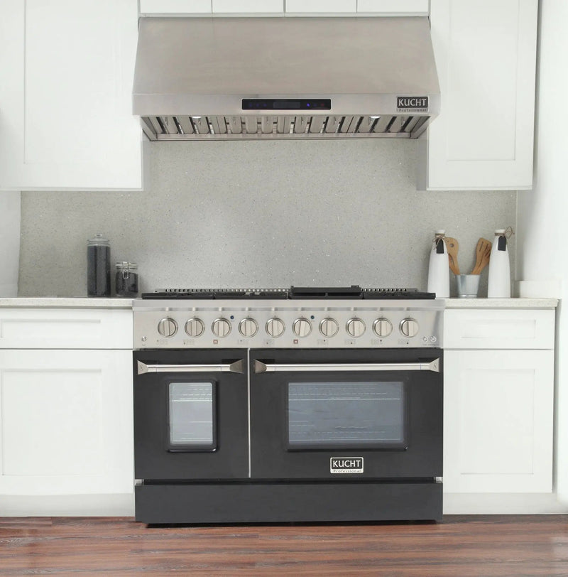 Kucht 48" Propane Range, Stainless Steel, Black Doors, KNG481/LP-K by Farmhouse Kitchen and Bath