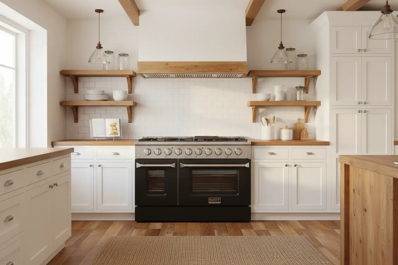 Kucht 48" Propane Range, Stainless Steel, Black Doors, KNG481/LP-K by Farmhouse Kitchen and Bath