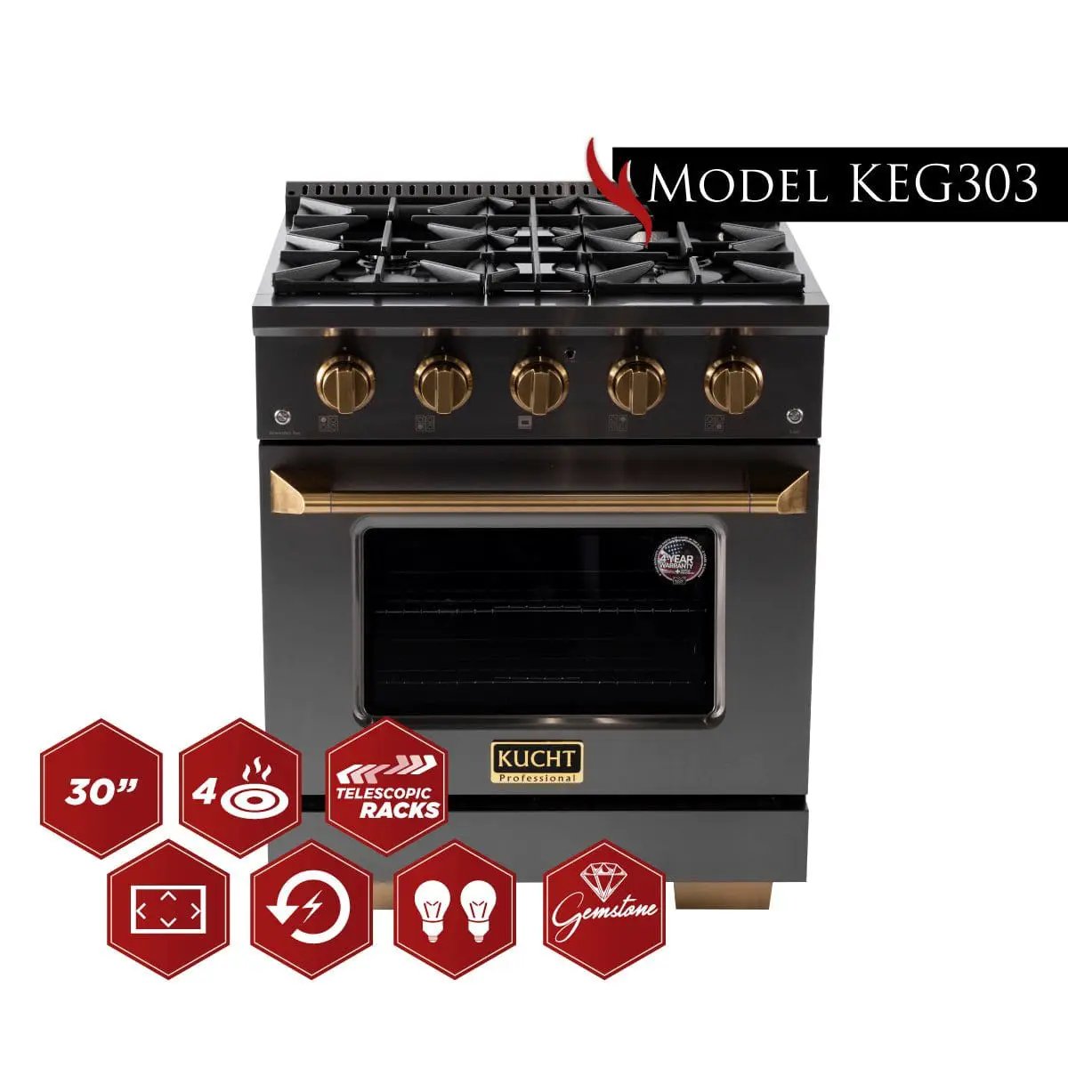 Kucht Gemstone Professional 30 in. 4.2 cu. ft. Propane Gas Range with Sealed Burners and Convection Oven in Titanium Stainless Steel KEG303/LP by Farmhouse Kitchen and Bath