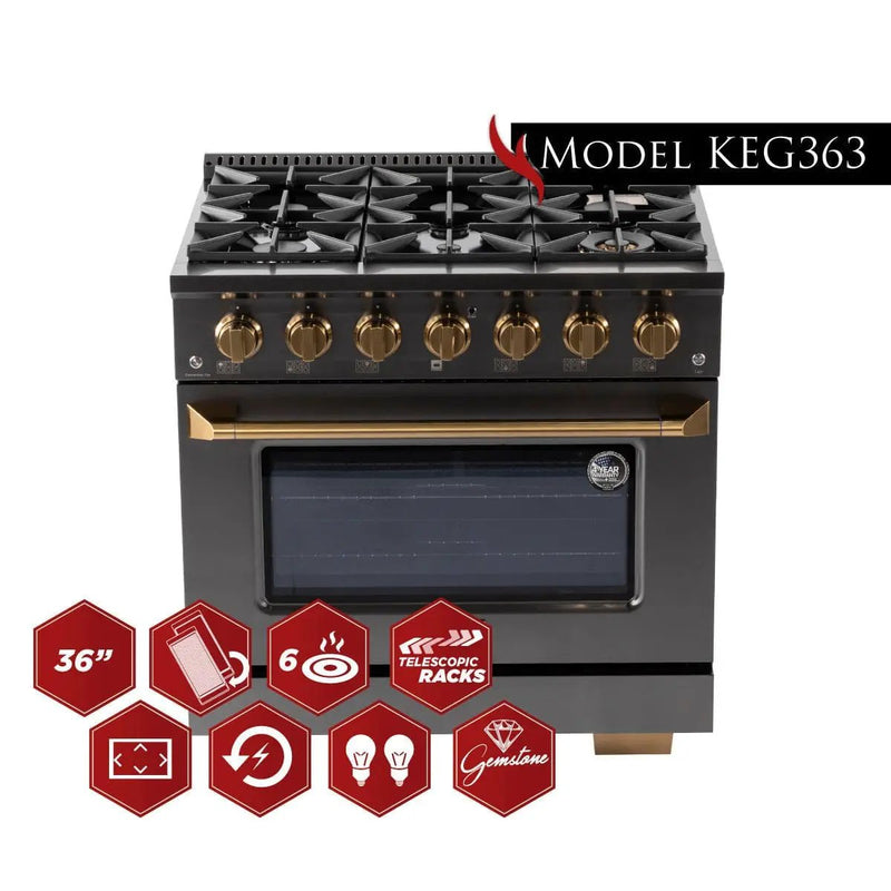 Kucht Gemstone Professional 36 in. 5.2 cu. ft. Natural Gas Range with Sealed Burners and Convection Oven in Titanium Stainless Steel KEG363 by Farmhouse Kitchen and Bath