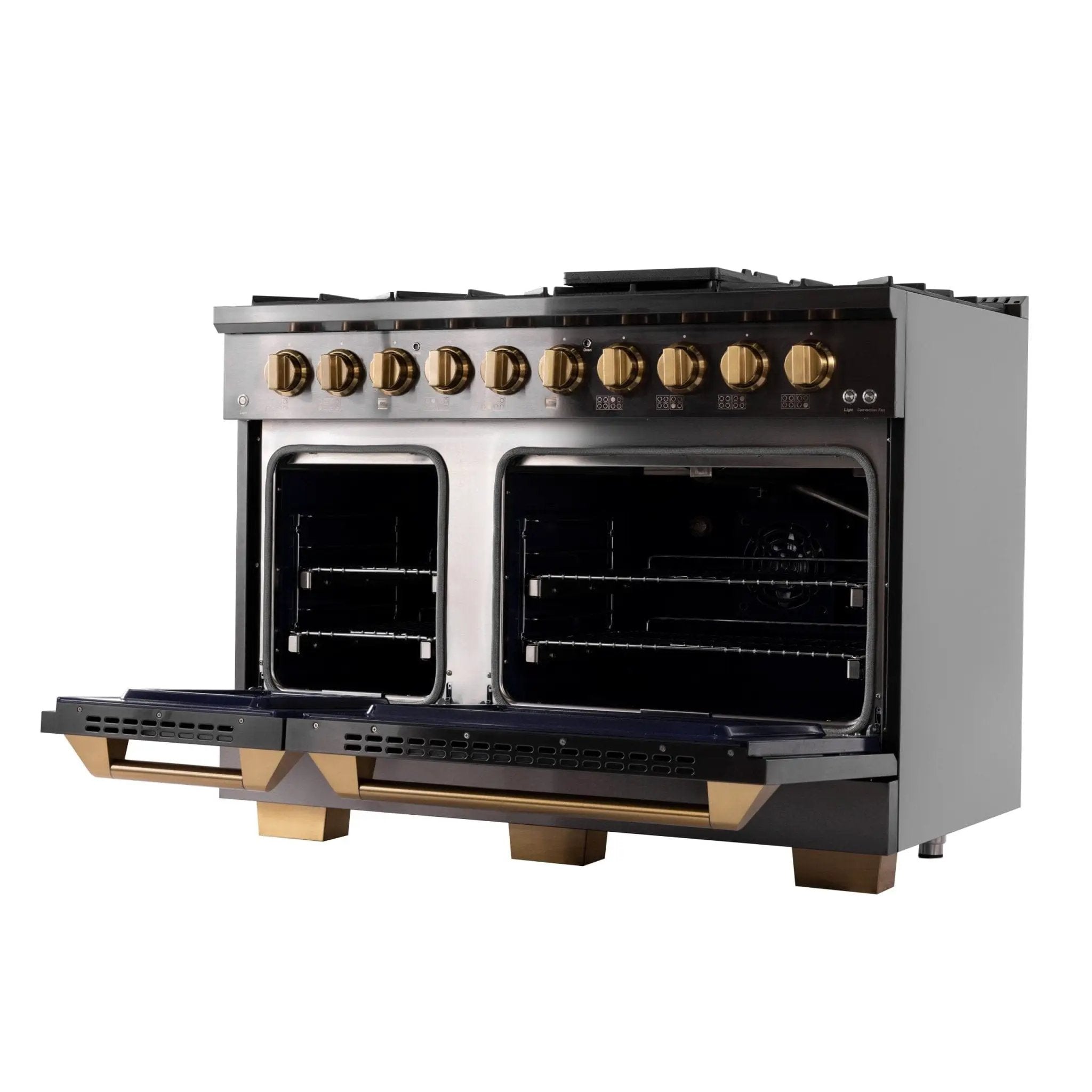 Kucht Gemstone Professional 48 in. 6.7 cu. ft. Natural Gas Range with Sealed Burners, Griddle/Grill and Two Ovens - One Convection - in Titanium Stainless Steel KEG483 by Farmhouse Kitchen and Bath