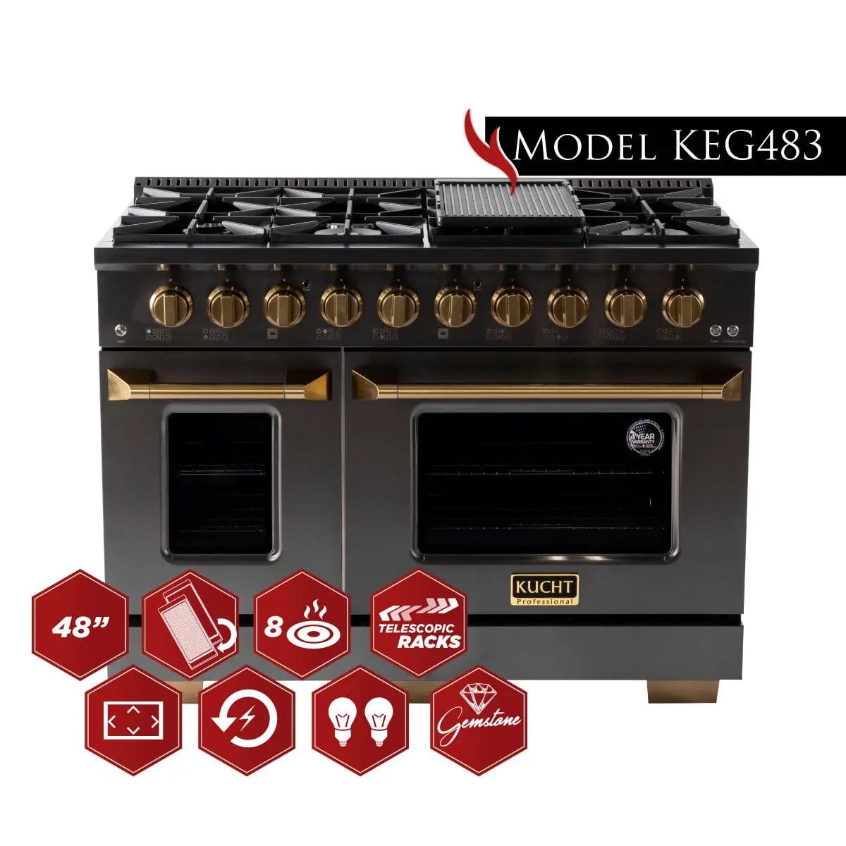 Kucht Gemstone Professional 48 in. 6.7 cu. ft. Natural Gas Range with Sealed Burners, Griddle/Grill and Two Ovens - One Convection - in Titanium Stainless Steel KEG483 by Farmhouse Kitchen and Bath
