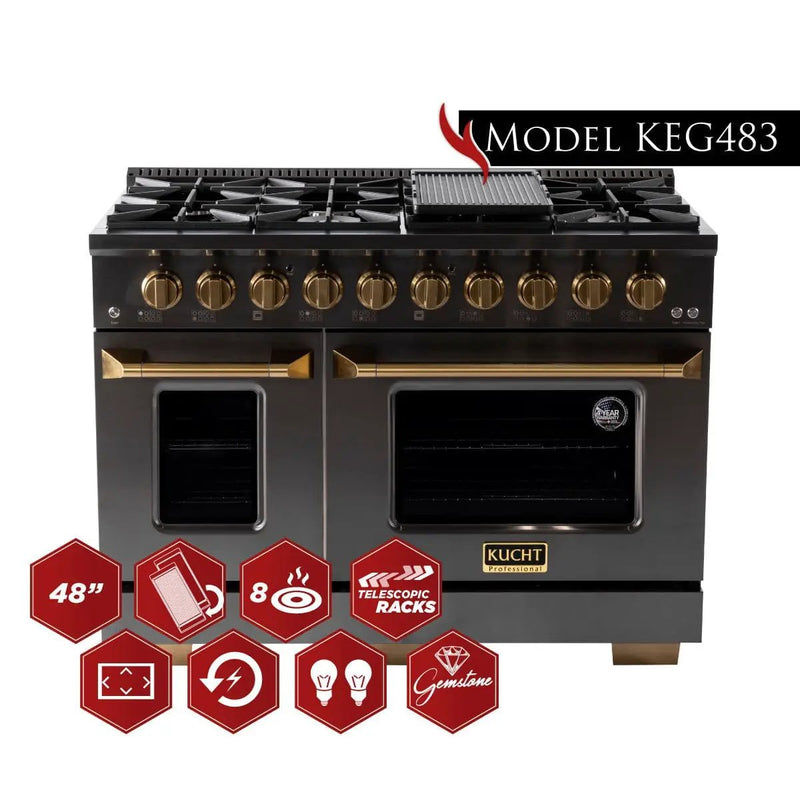 Kucht Gemstone Professional 48 in. 6.7 cu. ft. Natural Gas Range with Sealed Burners, Griddle/Grill and Two Ovens - One Convection - in Titanium Stainless Steel KEG483 by Farmhouse Kitchen and Bath