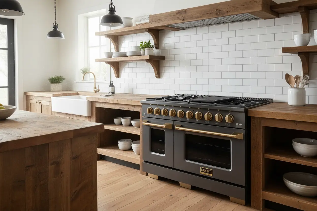 Kucht Gemstone Professional 48 in. 6.7 cu. ft. Natural Gas Range with Sealed Burners, Griddle/Grill and Two Ovens - One Convection - in Titanium Stainless Steel KEG483 by Farmhouse Kitchen and Bath